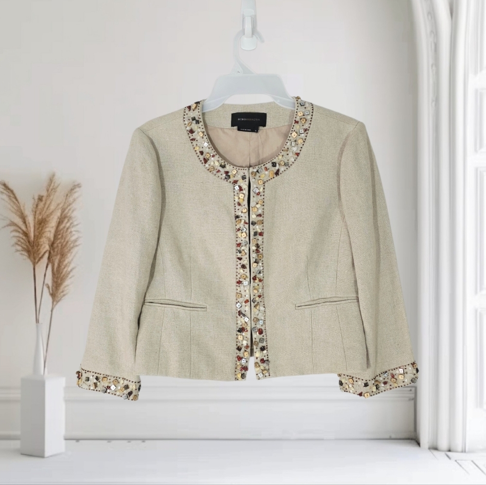 BCBGMaxazria Linen Beaded Stone Cropped Jacket‎ Size Small NWT